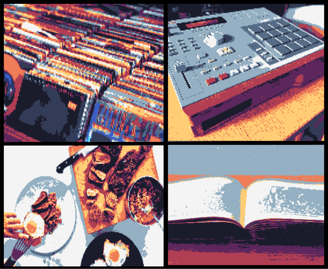 Pixelated collage of (top-to-bottom, left-to-right)    vinyl records, drum machine, photo of cooking breakfast, book